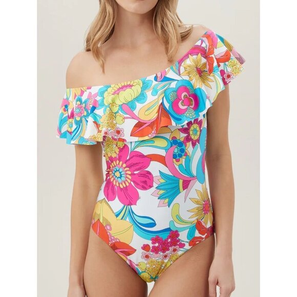 New Trina Turk Fontaine Off Shoulder Swimsuit Womens 8 Ruffle One Piece Floral - Picture 1 of 7